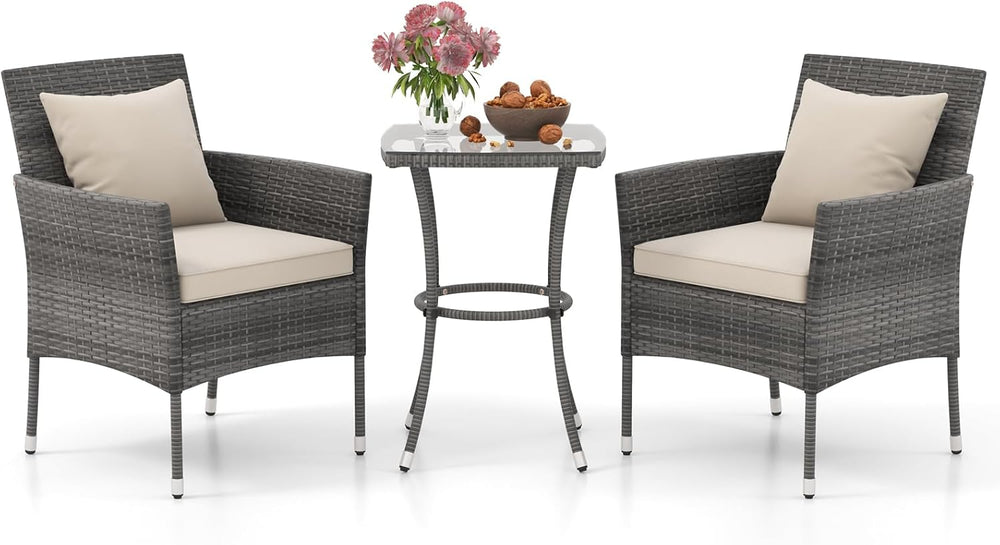 DORTALA Wicker Patio Furniture Set 3 Piece, Small Outdoor Table & Chairs ...