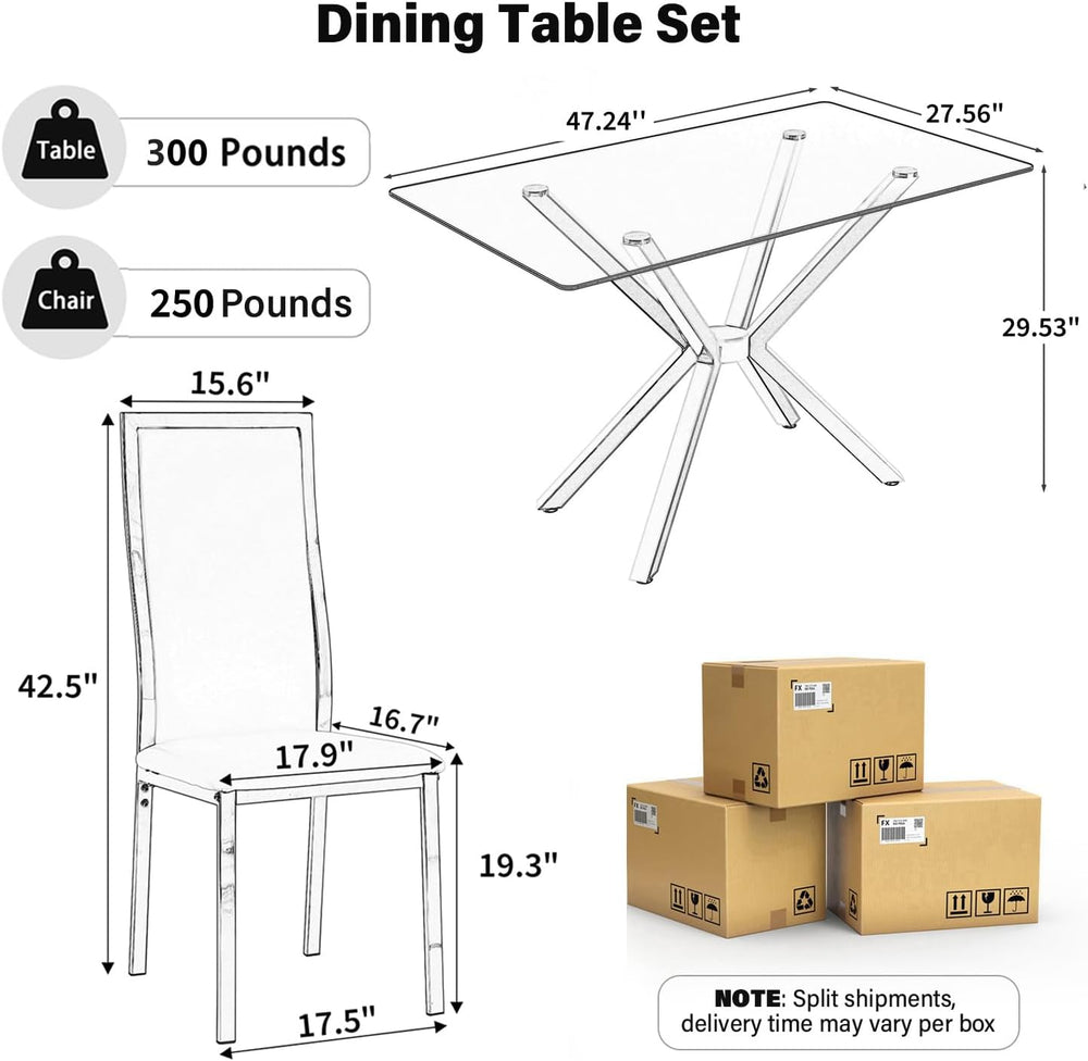 Modern Gold Glass Dining Table Set of 6, 47'' Clear Glass Top Rectang...