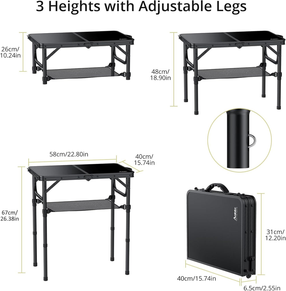 Anbte 2ft Folding Camping Table, 3 Adjustable Heights Small Folding Table