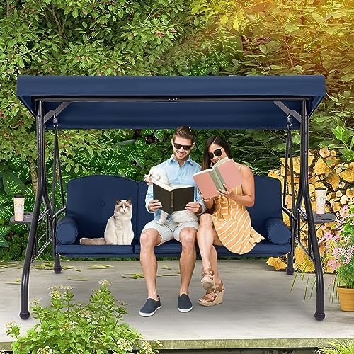 HOMREST 3 Seat Porch Swing with Adjustable Canopy, Patio Swing with Stand