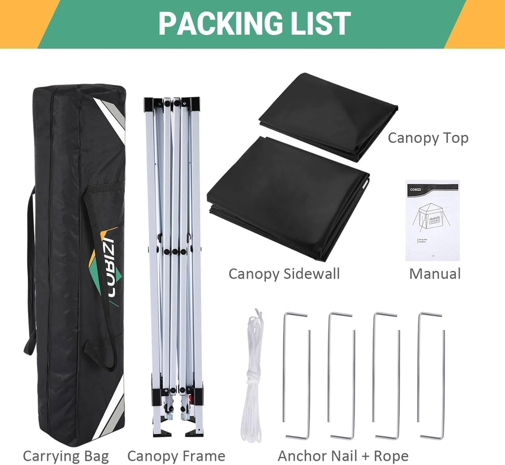 COBIZI 10x10 Pop Up Canopy with 4 Sidewalls, One Push Easy Setup, Black