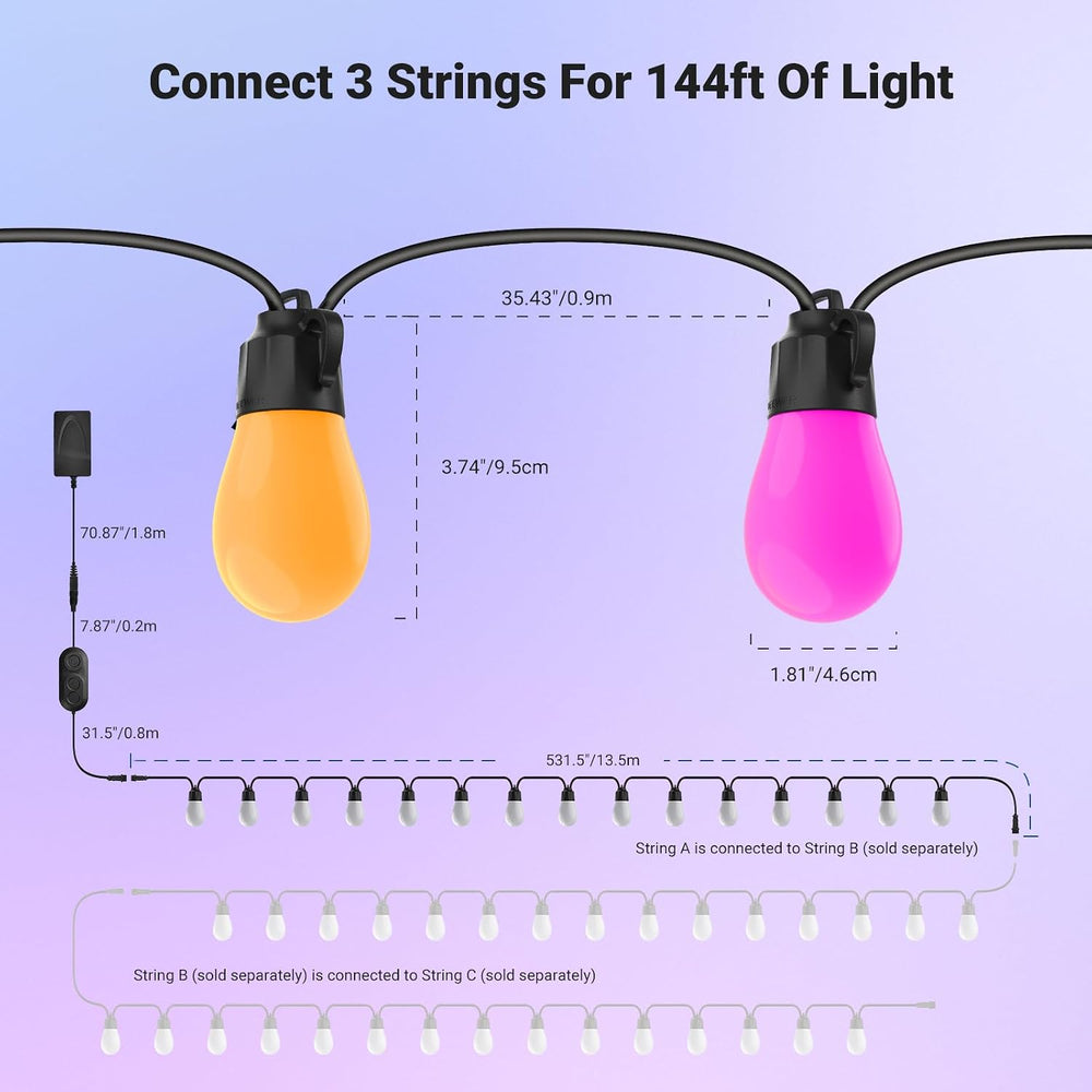 NEEWER 48ft Outdoor String Lights, App Control Smart AI RGBW Hanging, NR01
