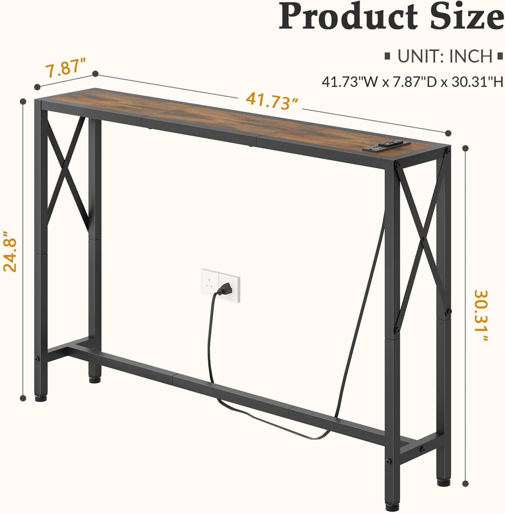 Gewudraw Narrow Console Table with Socket, Sofa Table Behind Couch, Brown