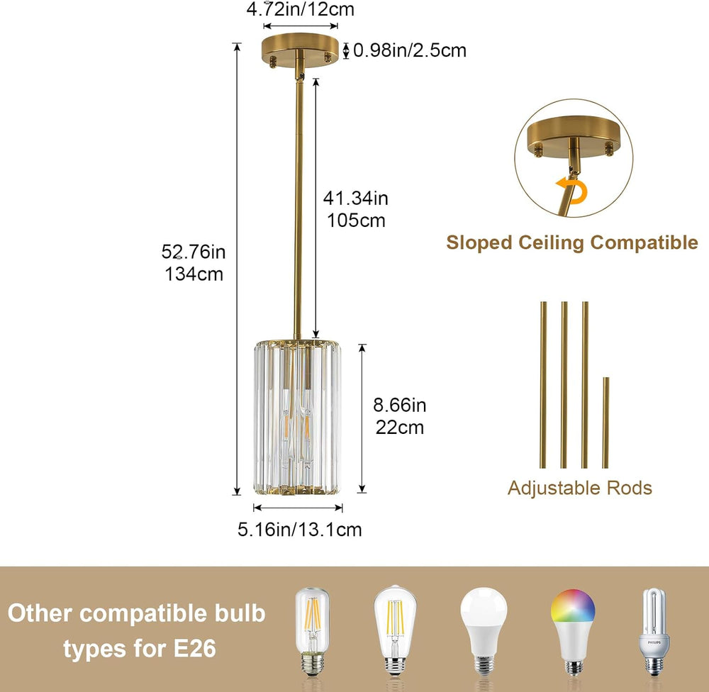 Gold Modern Crystal Pendant Lights Hanging Light Fixture, 2 Pack Pendant Ligh...