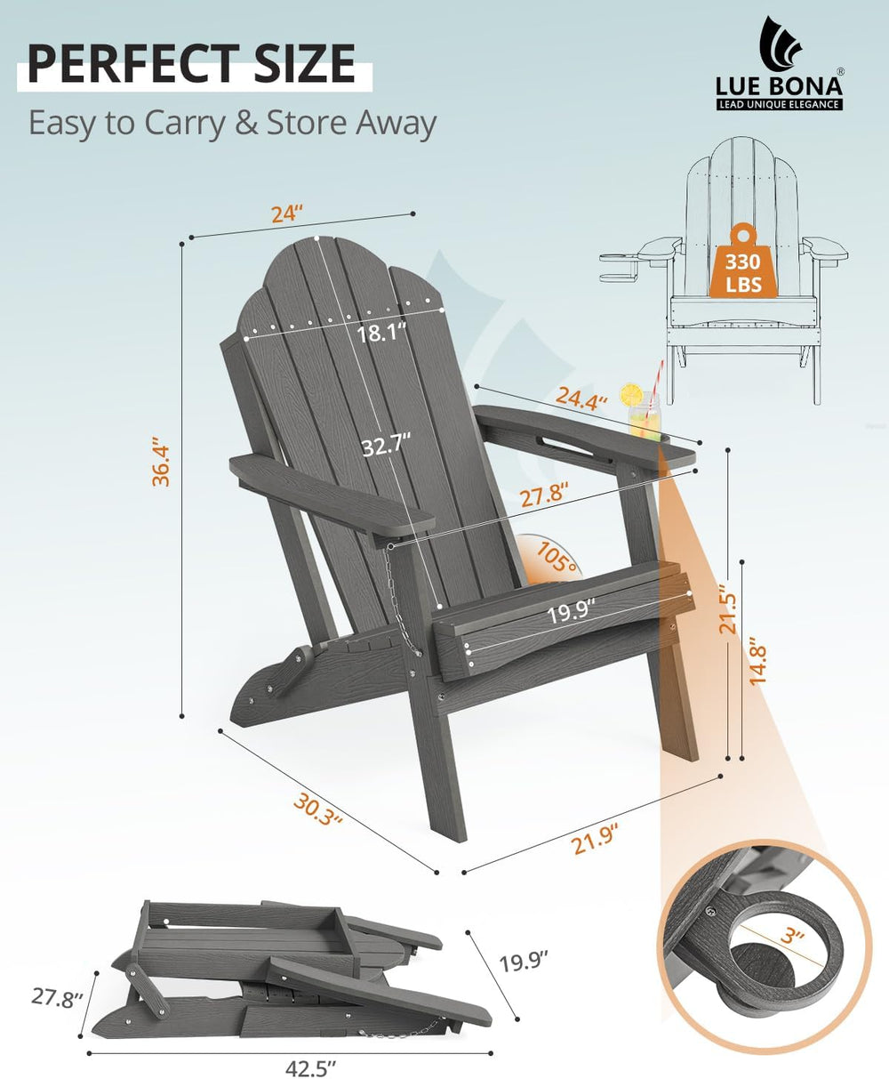 LUE BONA Folding Adirondack Chair, Cup Holder, Woodgrain, Fire Pit, Patio, Po...