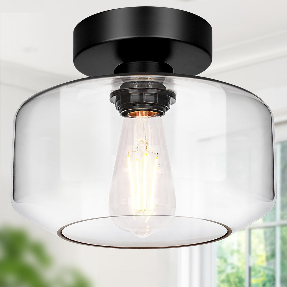Lynnoland Industrial Farmhouse Semi Flush Mount Ceiling Light, Black, Clear G...