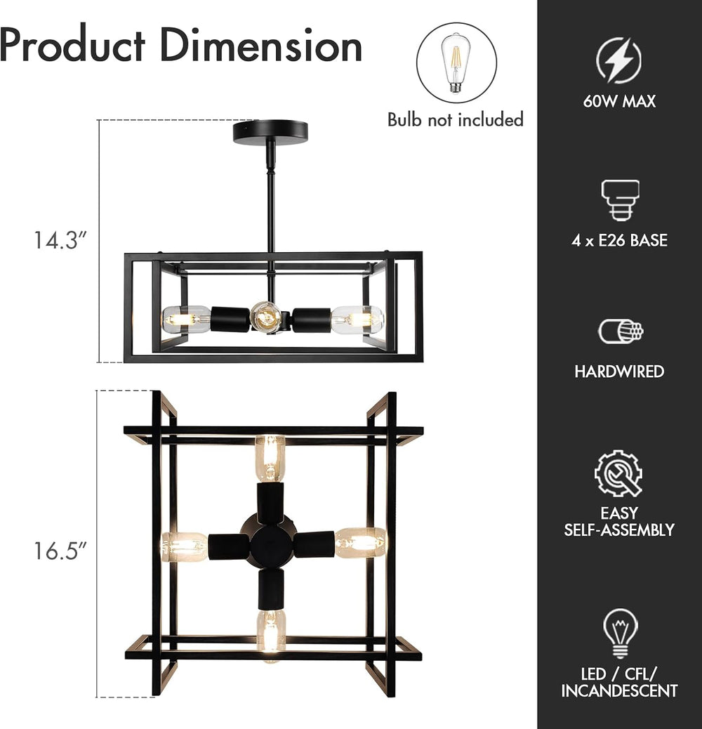 Modern Black Semi Flush Mount Ceiling Light Fixture 16.5", 4-Light Indus...