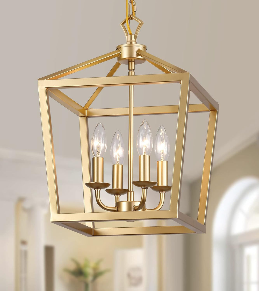 AMZASA Gold Lantern Chandelier Hanging Pendant Light Fixture 4-Lights for Kit...