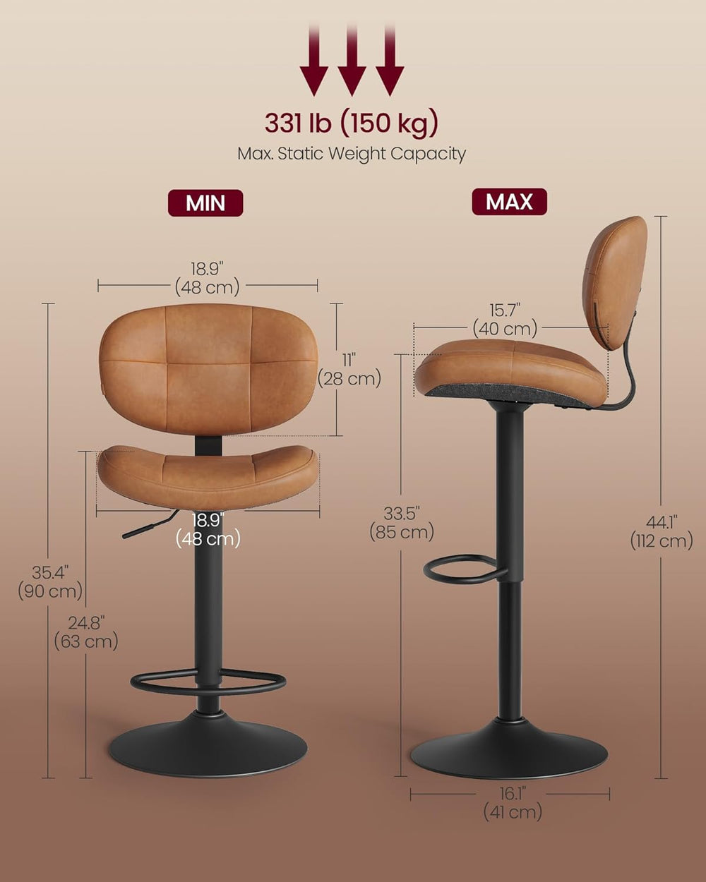 VASAGLE Bar Stools Set of 2, Height Adjustable Swivel Chairs, PU Leather