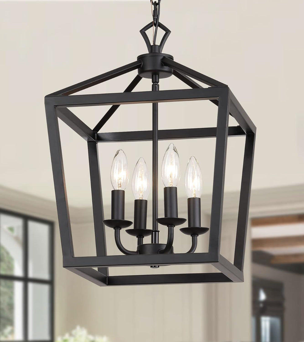 AMZASA Farmhouse Rustic Black Lantern Chandelier Hanging Light Fixture 4-Ligh...