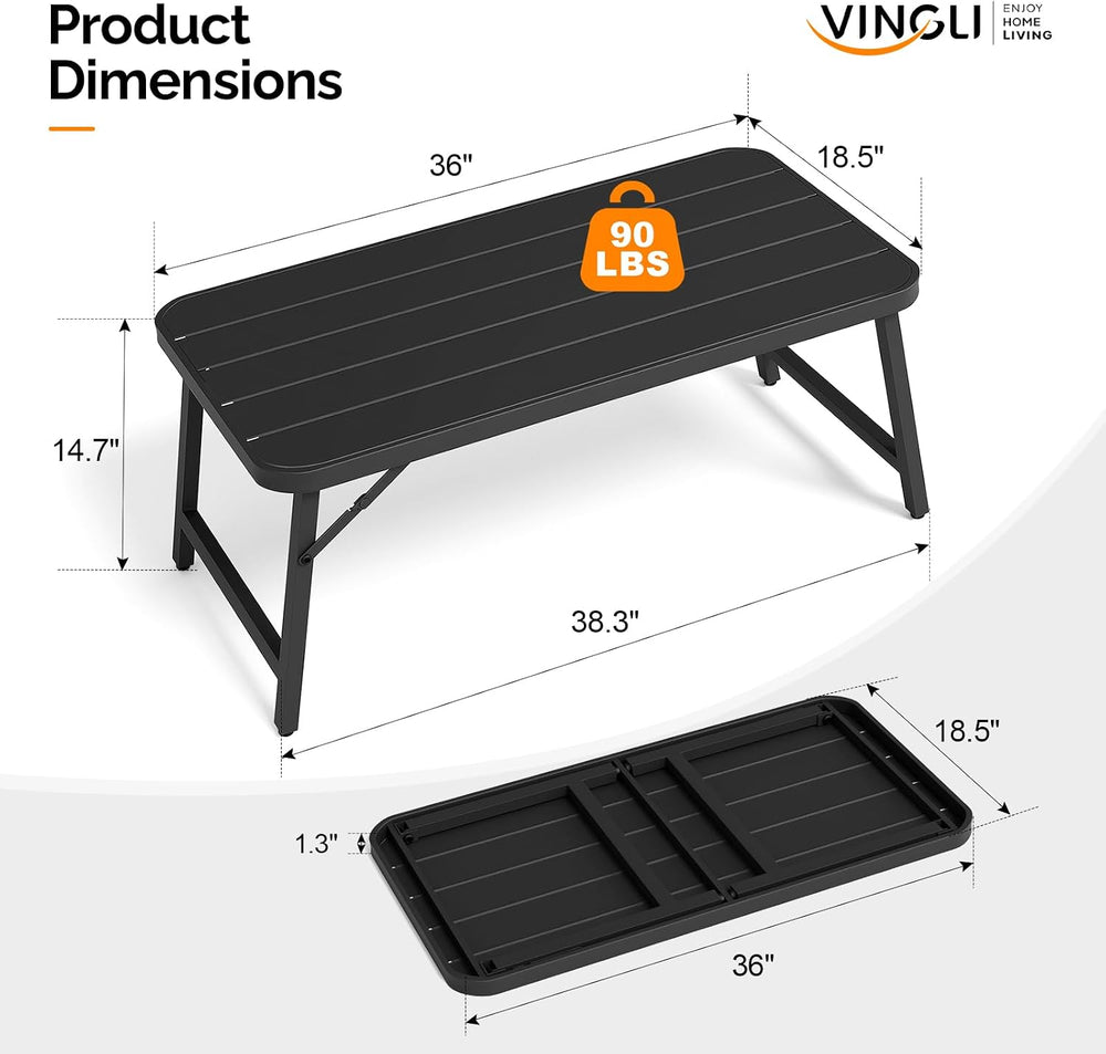 VINGLI Outdoor Folding Coffee Table, Rectangle Drainable Iron Patio Table for...