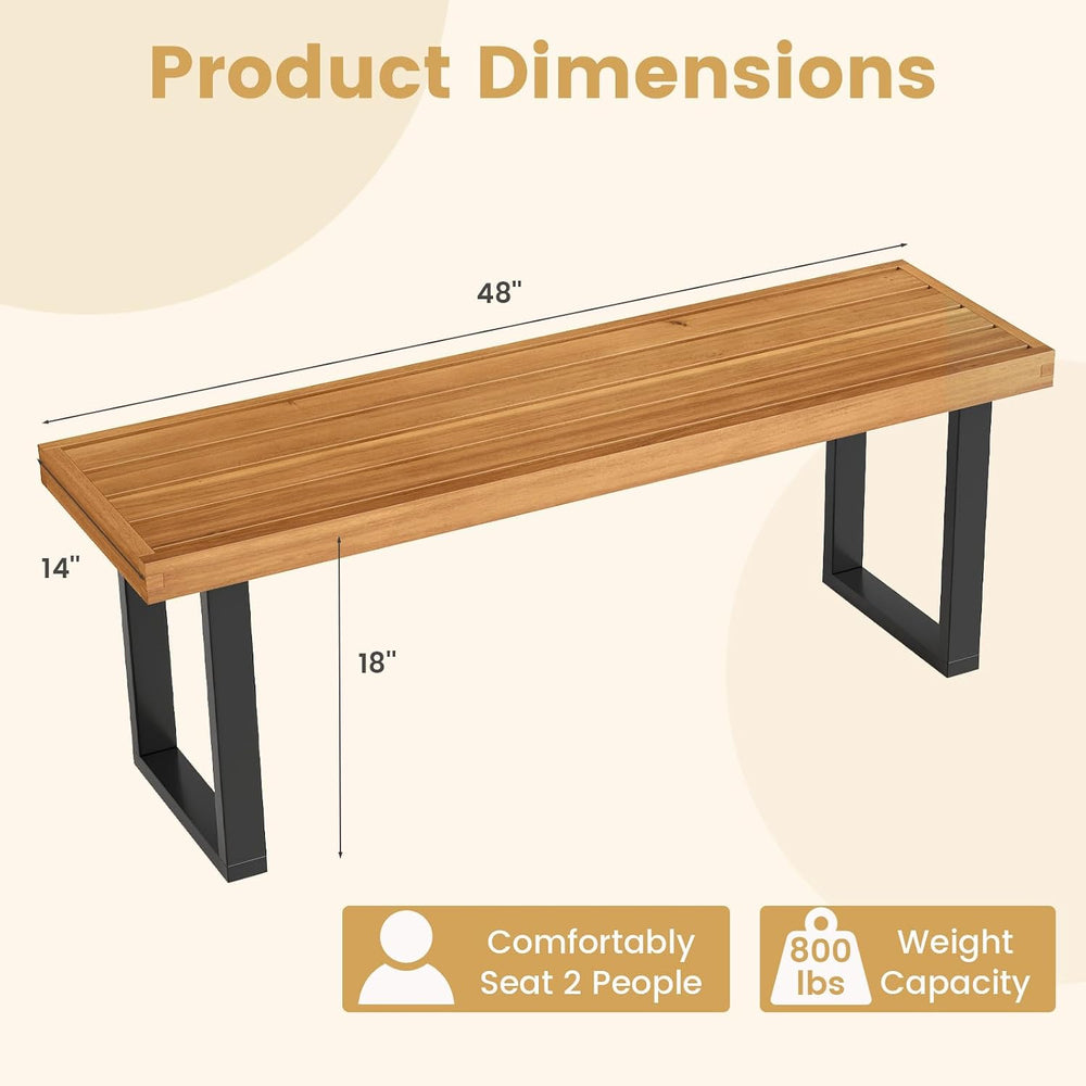 Tangkula Acacia Wood Outdoor Bench, 48" Long Patio Dining Bench w/Metal ...