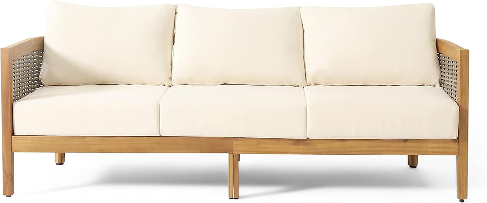 Burchett Outdoor 3 Seater Sofa with Cushions - Acacia Wood and Round Wicker -...