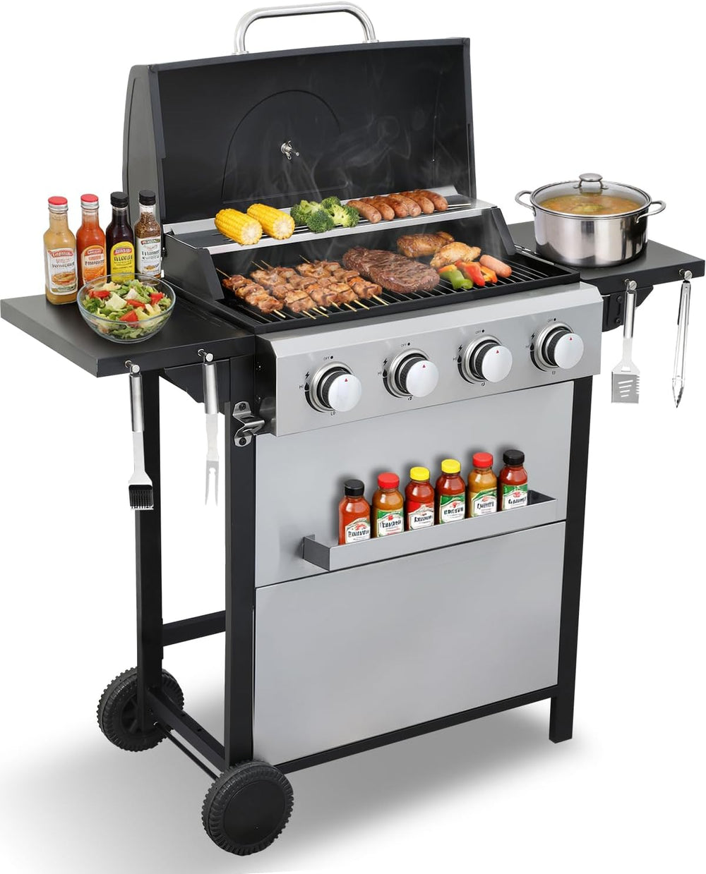 4 Burner Gas Grill with Foldable Shelves, 40,000 BTU Stainless Steel Propane ...