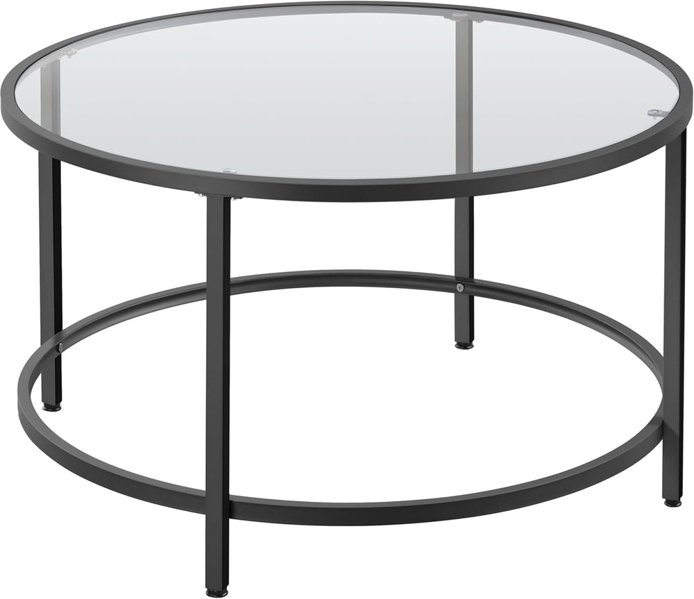 Yaheetech 27.6" Black Round Glass Coffee Table for Living Room, Metal Frame
