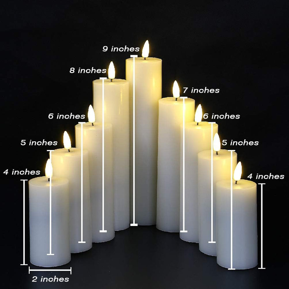 Eywamage Ivory Tall Flameless LED Pillar Candles with Remote Set of 9