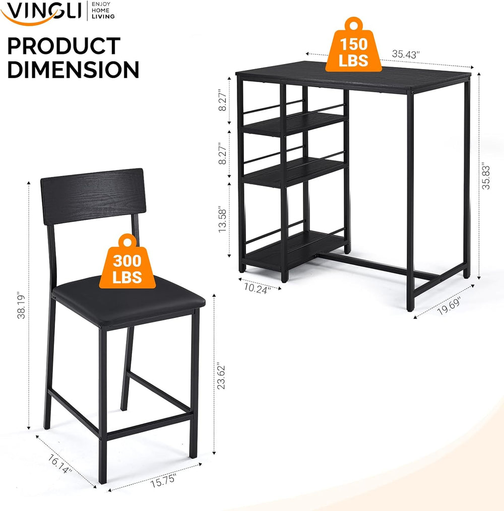 VINGLI Dining Table Set for 2, Kitchen Breakfast Counter Height Small 3 Piece...