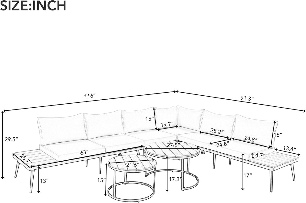 Modern Outdoor Sectional Sofa Set with Round Nesting Coffee Tables and Cushio...
