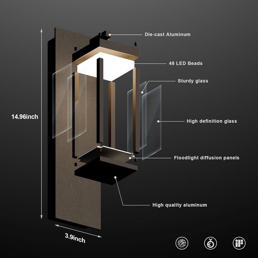 Modern Motion Sensor Outdoor Wall Light Sconce with Glass, 850LM LED, IP65 Wa...