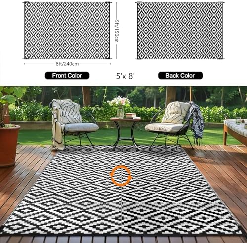 Kalafun Outdoor Patio Plastic Straw Rug, 5x8 ft, Black White