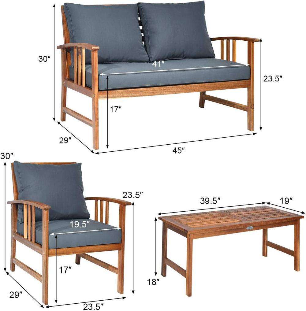 Tangkula 4 Pieces Acacia Wood Patio Furniture Set, Outdoor Seating Chat Set w...