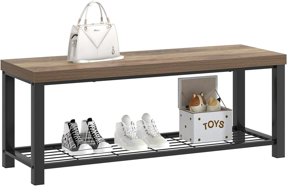 FOLUBAN Entryway Bench, Industrial Wood and Metal Storage Bench with Metal Sh...