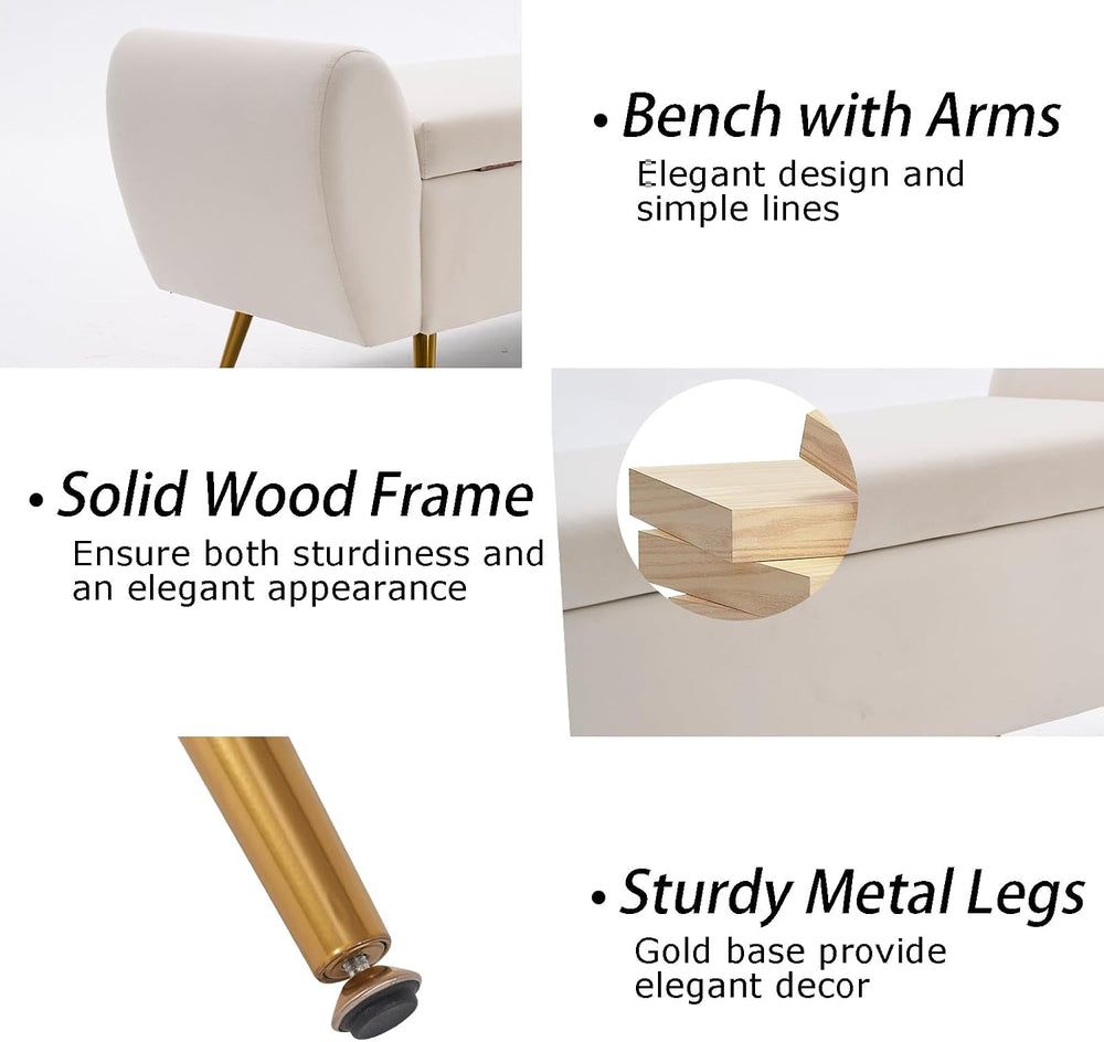 56" Storage Bench for Bedroom King Size Bed, Gold Legs, Velvet Ivory White