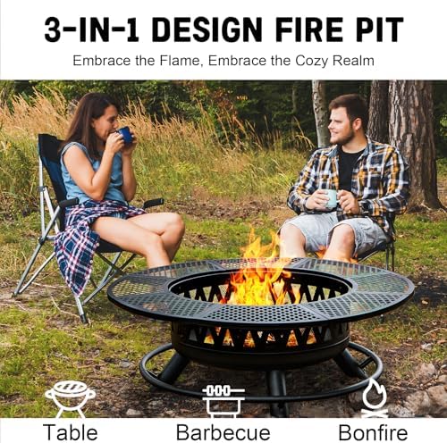 47 Inch Outdoor Fire Pit with 2 Grills, Wood Burning Large Fireplace Table