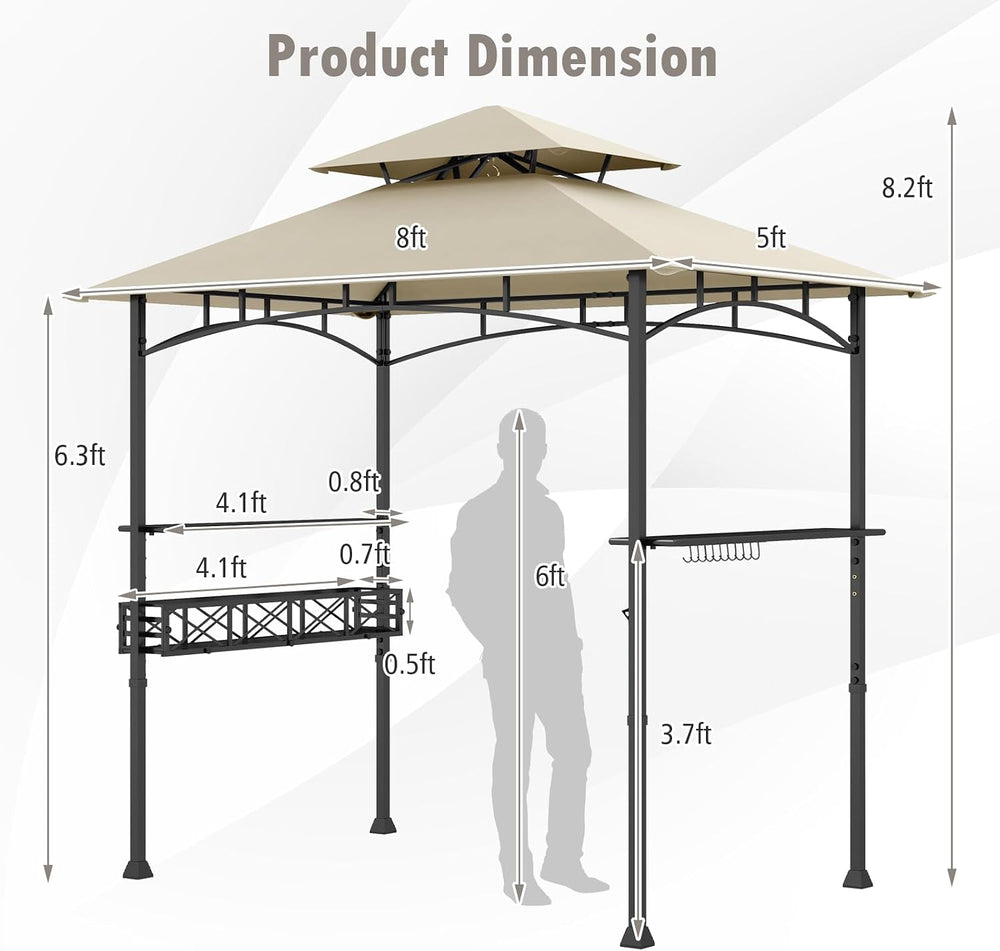 Tangkula 8x5 Ft Outdoor Grill Gazebo w/Side Awning & 2-Tier Vented Canopy
