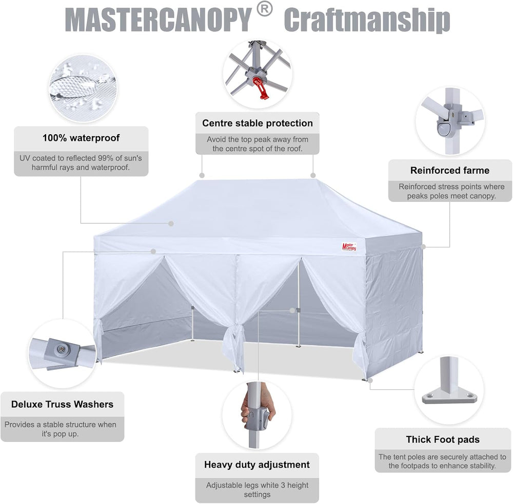 MASTERCANOPY 10x20 Heavy Duty Pop Up Canopy Tent with 4 Sidewalls, White