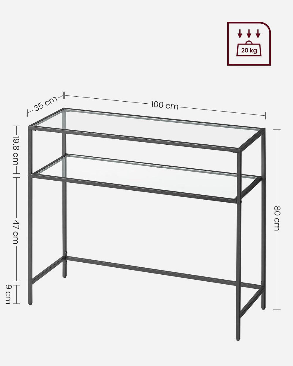 VASAGLE 39.4 Inchs Console Sofa Table, Tempered Glass, 2 Shelves