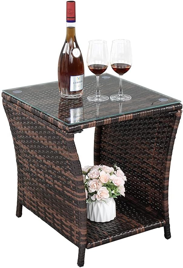 Wicker Rattan Side Table, Outdoor Square Rattan Coffee Table End Table Patio ...