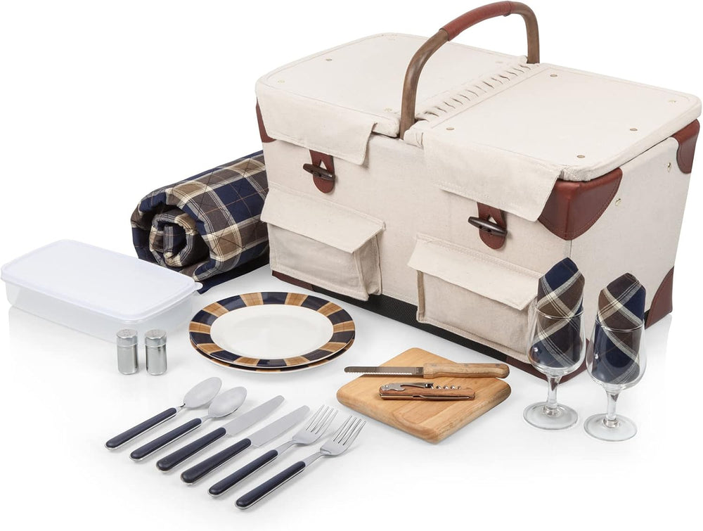 PICNIC TIME Pioneer Deluxe Picnic Basket, Romantic Vintage Wood-Framed Basket...