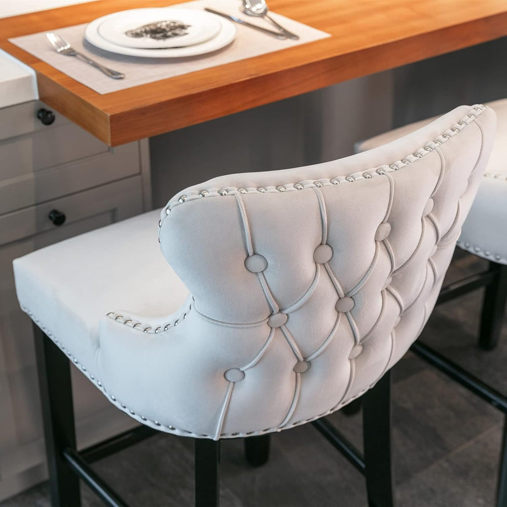 Bar Chairs Set of 2, Velvet Upholstered Bar Stools with Button Tufted Back De...