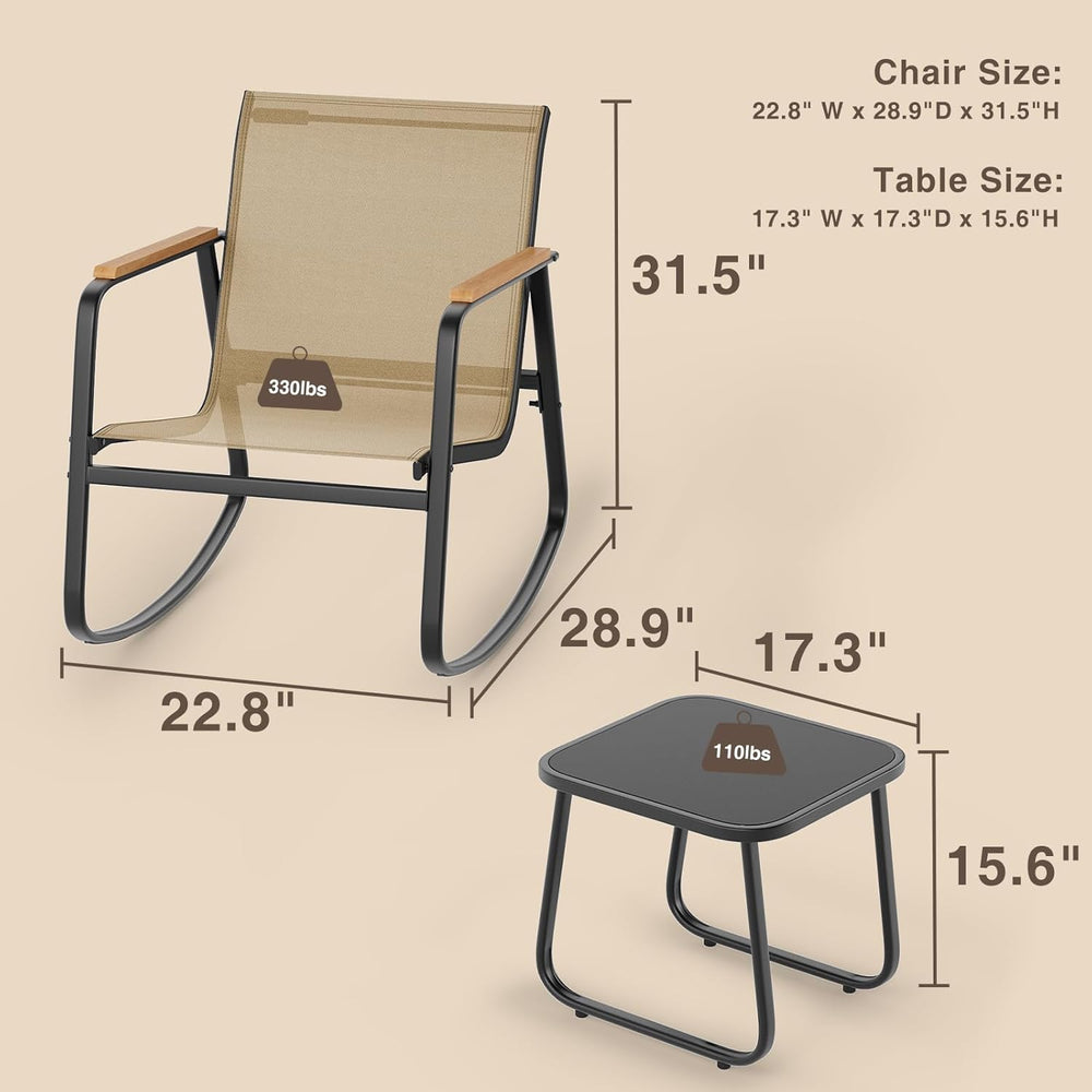 Ahomly 3-Piece Outdoor Rocking Bistro Set, Patio Set Textilene, Brown