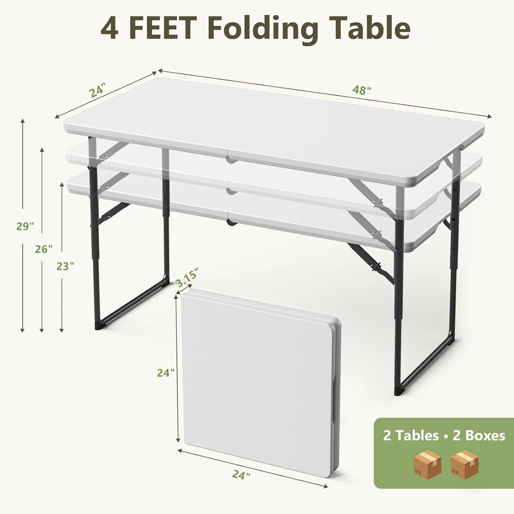 Folding Table 2 Pack, 4 FT Foldable Plastic Table with Adjustable Height, Hea...