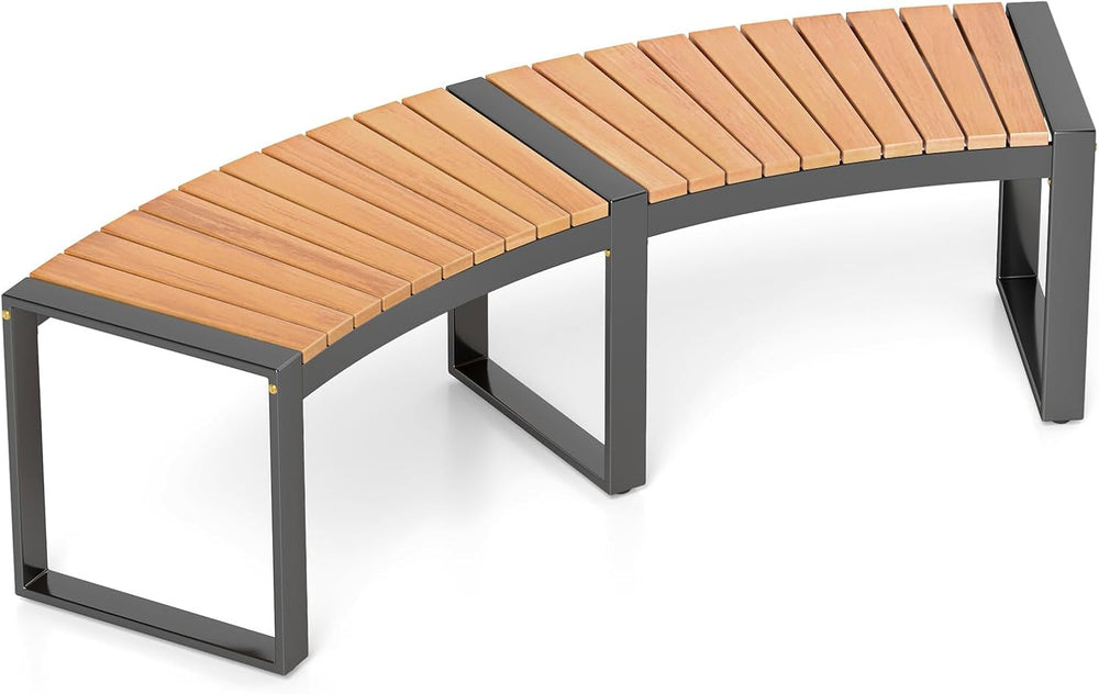 Tangkula Patio Curved Bench, Acacia Wood Fire Pit Bench w/Slatted Seat & ...
