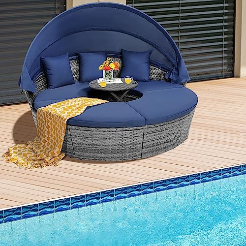 HAPPYGRILL Outdoor Daybed with Canopy, Wicker Rattan Sectional Sofa with Coff...