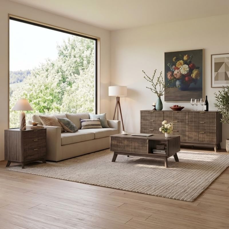 Lift Top Coffee Table, Fluted Hidden Storage Table for Living Room, Walnut