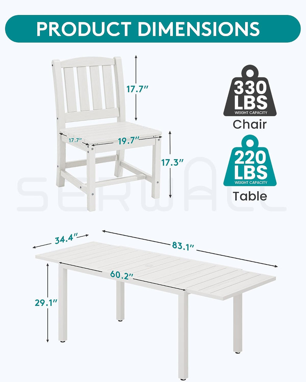 SERWALL Outdoor Expandable Dining Table, White