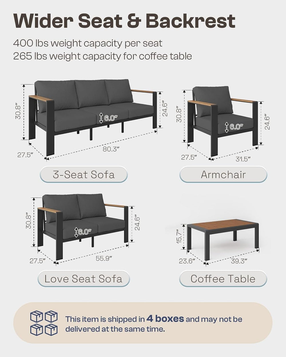 Aluminum Outdoor Patio Furniture Set with Coffee Table, 5 Piece Patio Convers...
