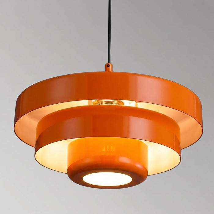 Modern Tiered Metal Pendant Light, Adjustable Height Ceiling Light Fixture, All-Metal Construction, Mid-Century Pendant Lighting for Kitchen Island Dining Room Living Room Hallway(Glossy Retro Orange)