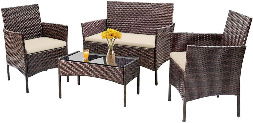 FDW 4-Piece Patio Furniture Set | Brown & Khaki | Outdoor Wicker Furniture