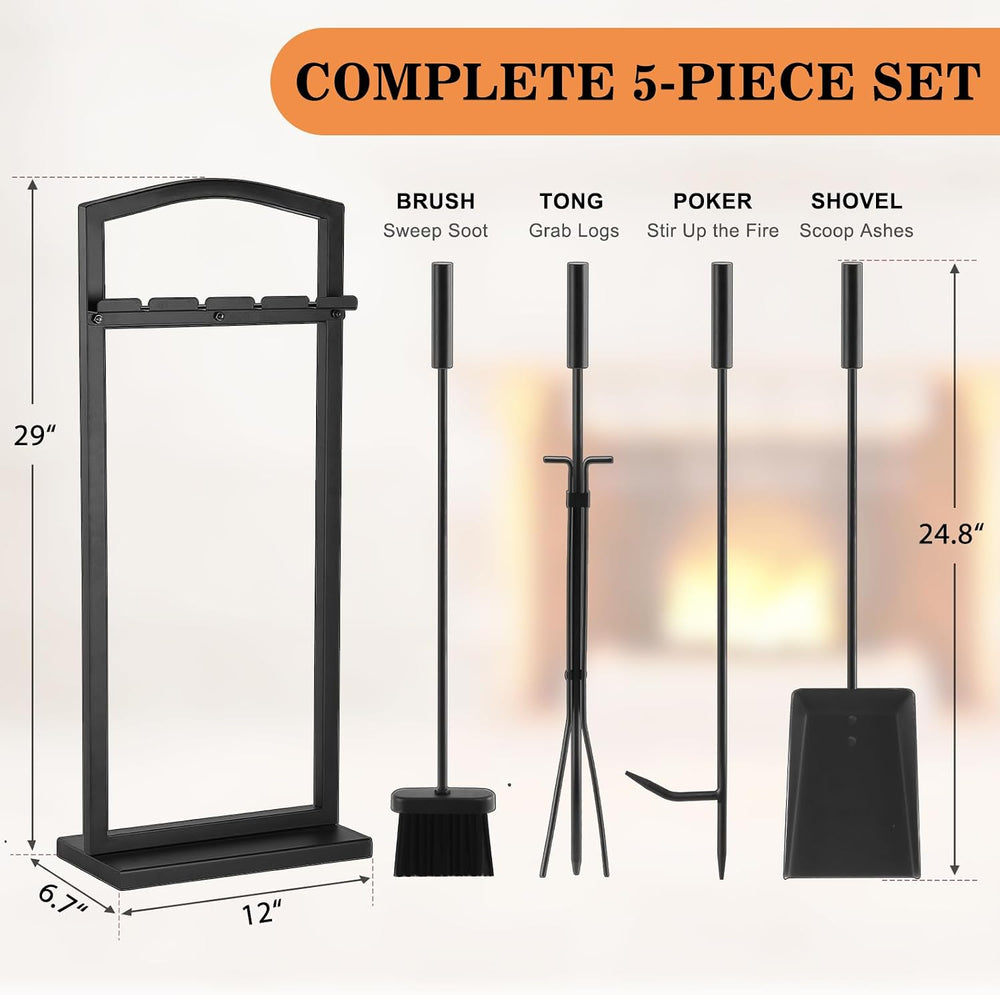 Gtongoko Fireplace Tools Set 5 Pieces with Stand, 29 Inch, Wrought Iron