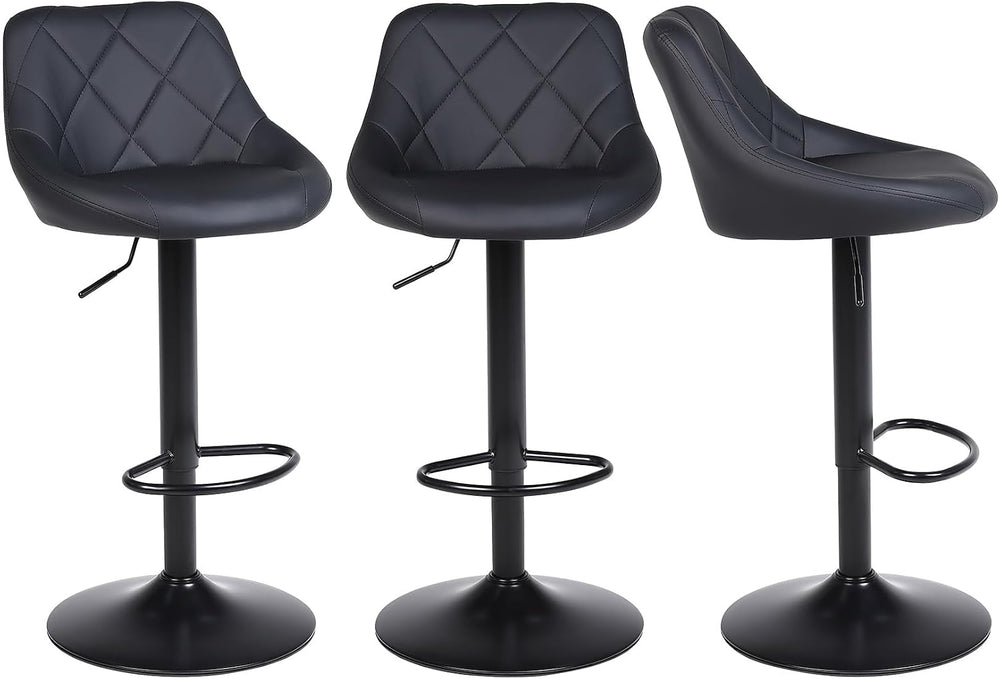 Swivel Bar Stools Set 3, Adjustable Height, PU Leather, Black