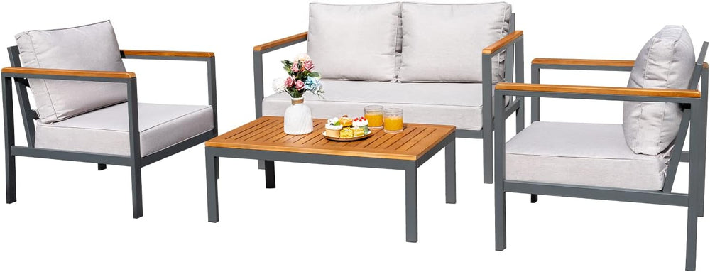 Greesum 4 Piece Furniture Patio Lounge Conversation Set Solid Wood Armrest &a...