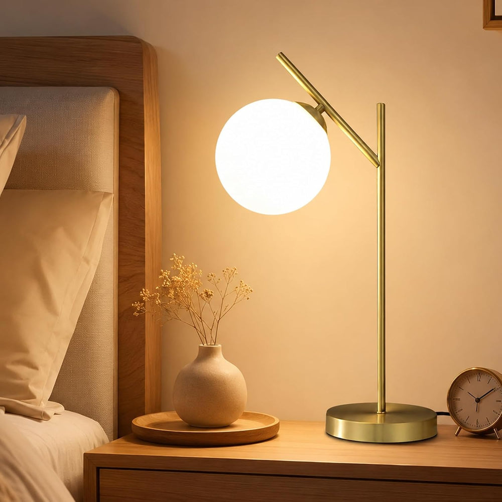 Mid Century Modern Table Lamp, 1 Light Brass Glass Globe Bedside Lamp, Contem...
