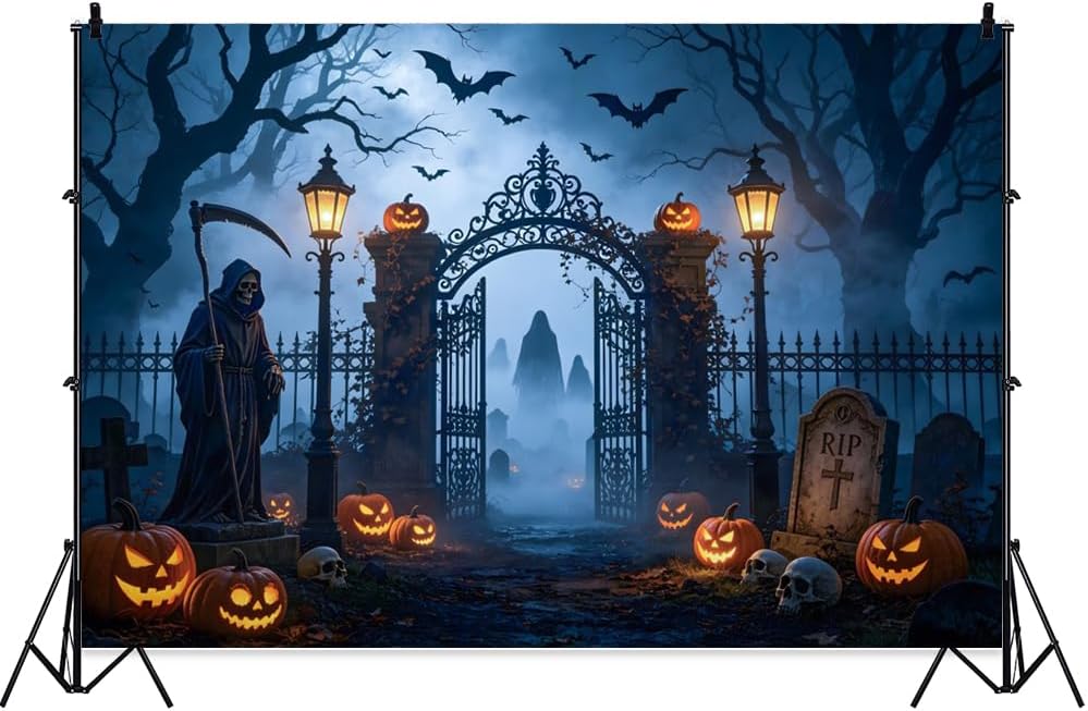 Halloween Graveyard Backdrop Misty Cemetery Skull Pumpkin Lantern Haunted Hou...