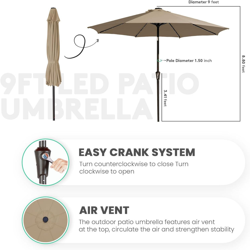 JEAREY 9' Patio Umbrella with Solar Lights, LED Umbrella, Beige