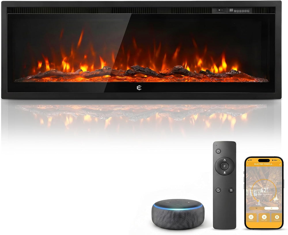 50 Inch Smart Electric Fireplace Insert Recessed and Wall Mounted
